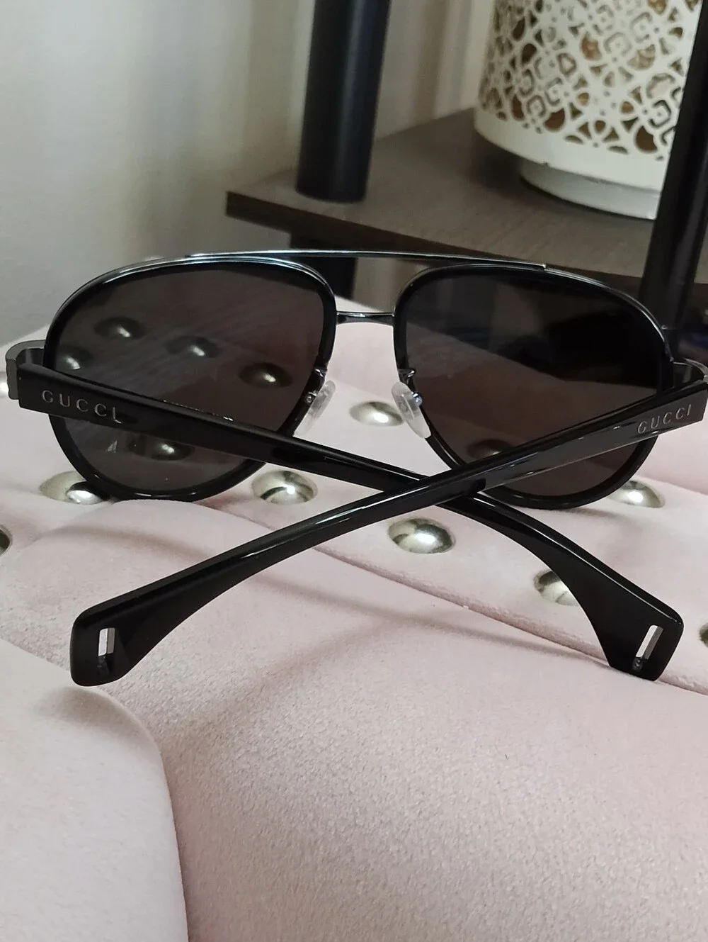 Gucci GG0447S 001 Black Aviator Sunglasses with Green and Red Temple Stripes